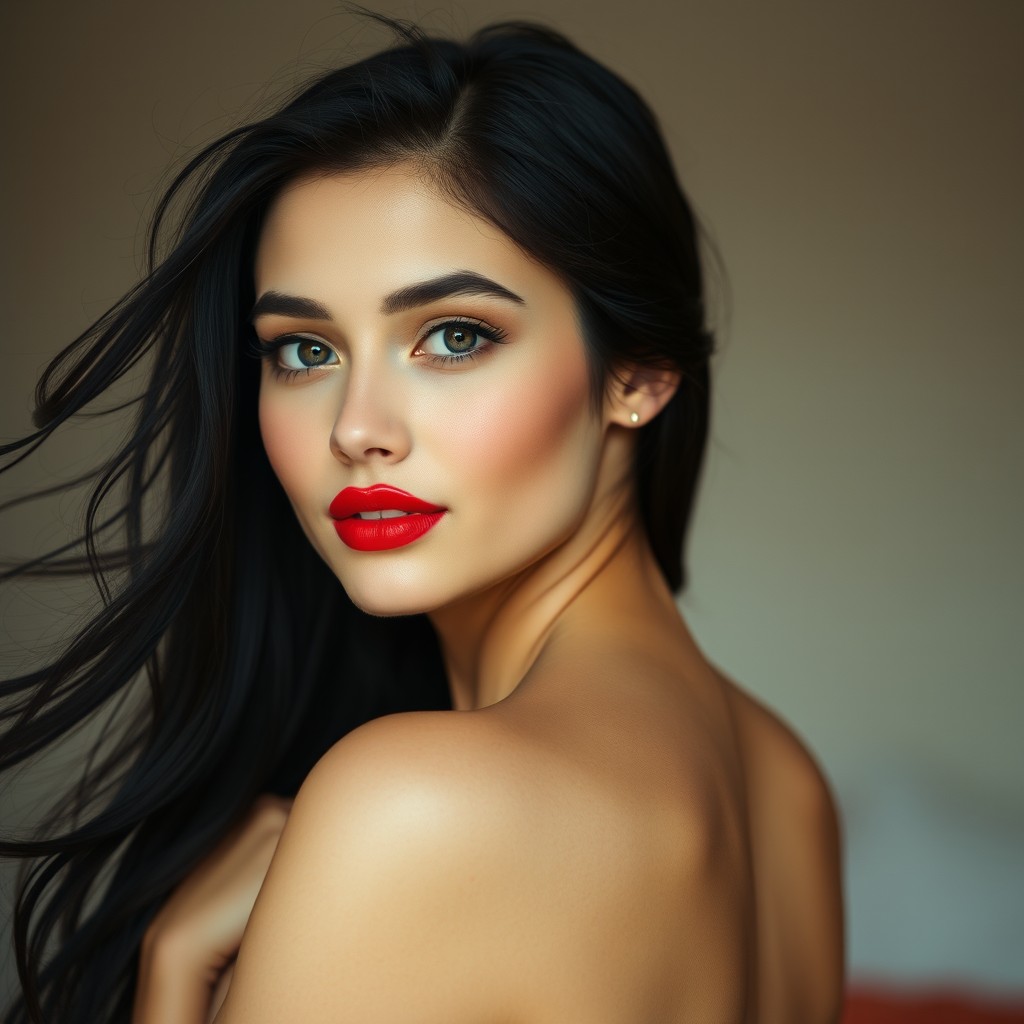 A young woman with flowing black hair and fair skin, radiating beauty and elegance