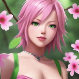 A high-resolution, hyperrealistic digital painting features Sakura Haruno from Naruto