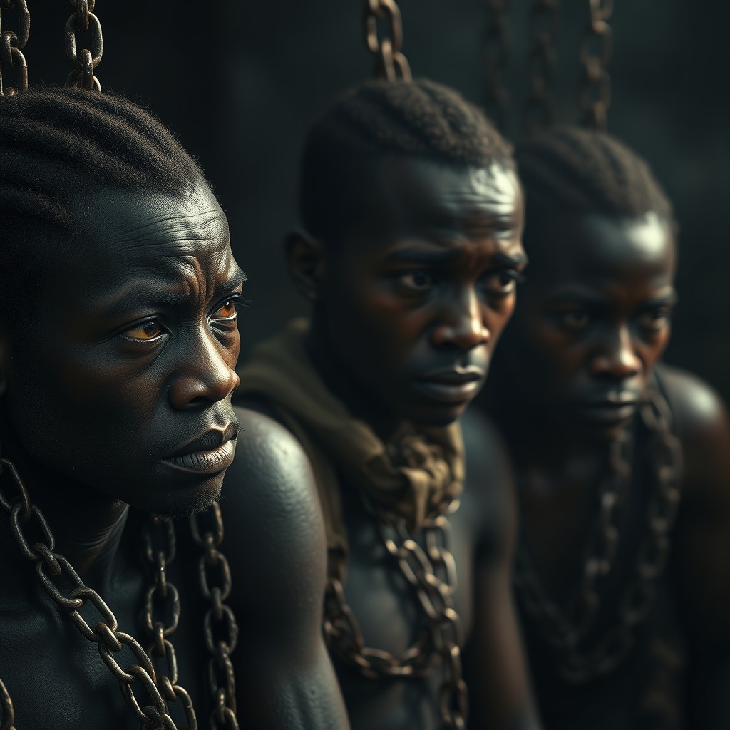 A powerful and poignant scene depicting enslaved individuals in chains, embodying a deep sense of sorrow and loss