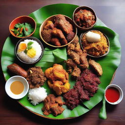 A well-presented platter of Indonesian traditional food, vibrant with rich colours and aromatic spices.