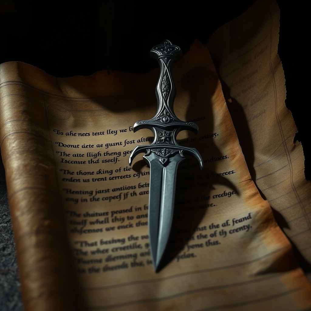 An ancient scroll displayed prominently, with elegant script featuring a poignant verse written on it