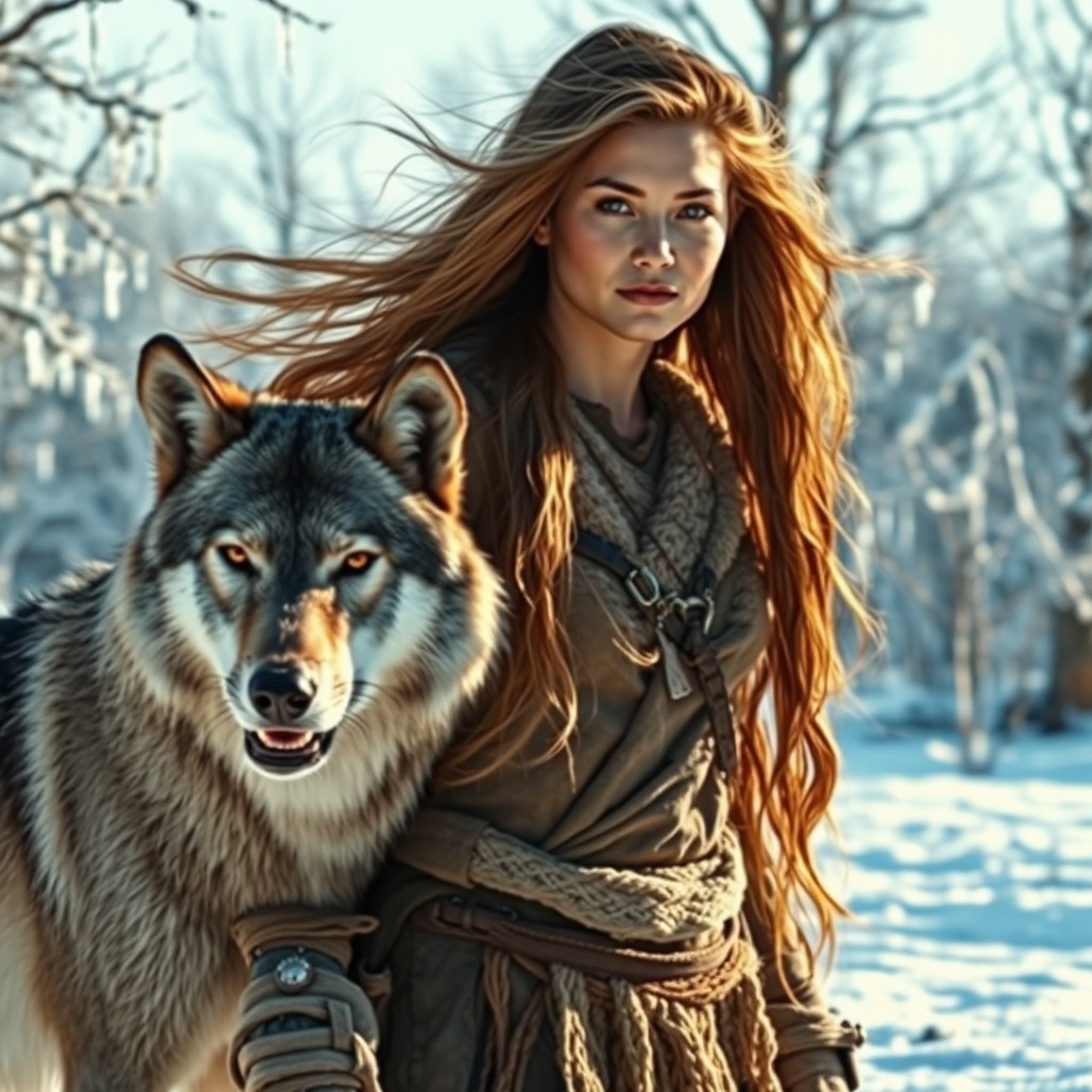A primal woman with a beautiful face, exuding strength and grace, stands in a frozen tundra, accompanied by a majestic wolf by her side