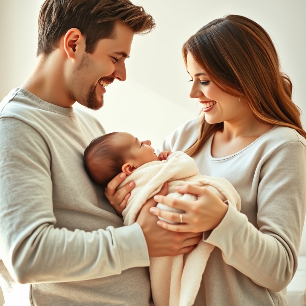 A heartwarming scene featuring a couple lovingly holding their baby between them