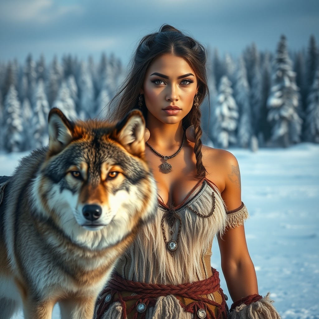 A stunning primal woman with a beautifully defined face, standing confidently in a frozen tundra landscape