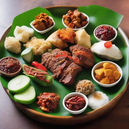 A well-presented platter of Indonesian traditional food, vibrant with rich colours and aromatic spices.