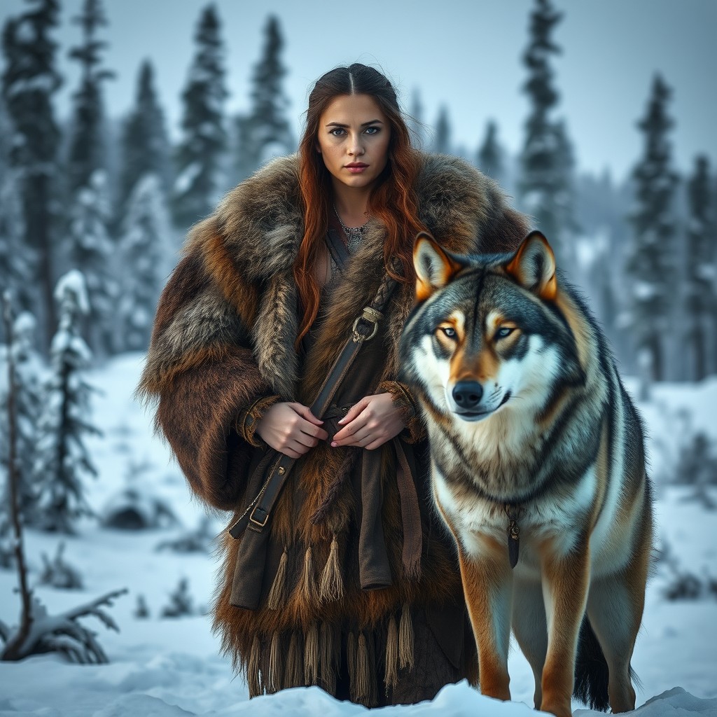 A primal woman dressed in thick pelts, standing confidently alongside a majestic wolf in a frozen tundra landscape