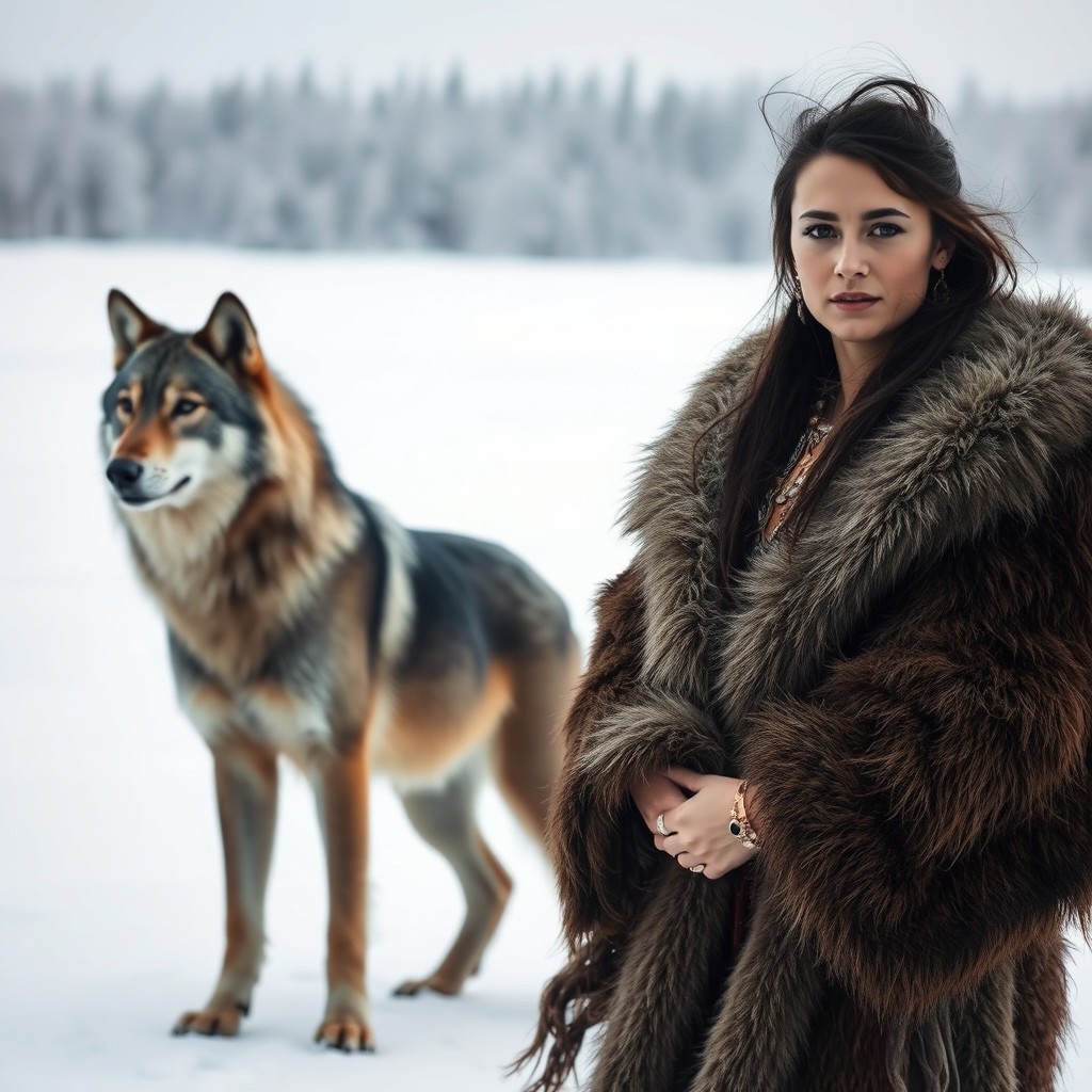 A primal woman dressed in thick animal pelts, standing confidently in a frozen tundra landscape