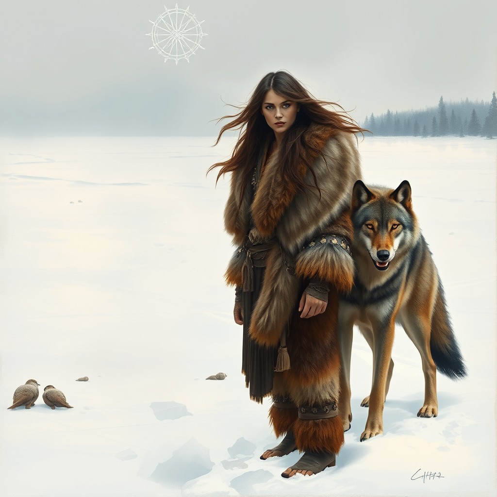 A primal woman clad in thick pelts, standing confidently in a frozen tundra with a majestic wolf by her side