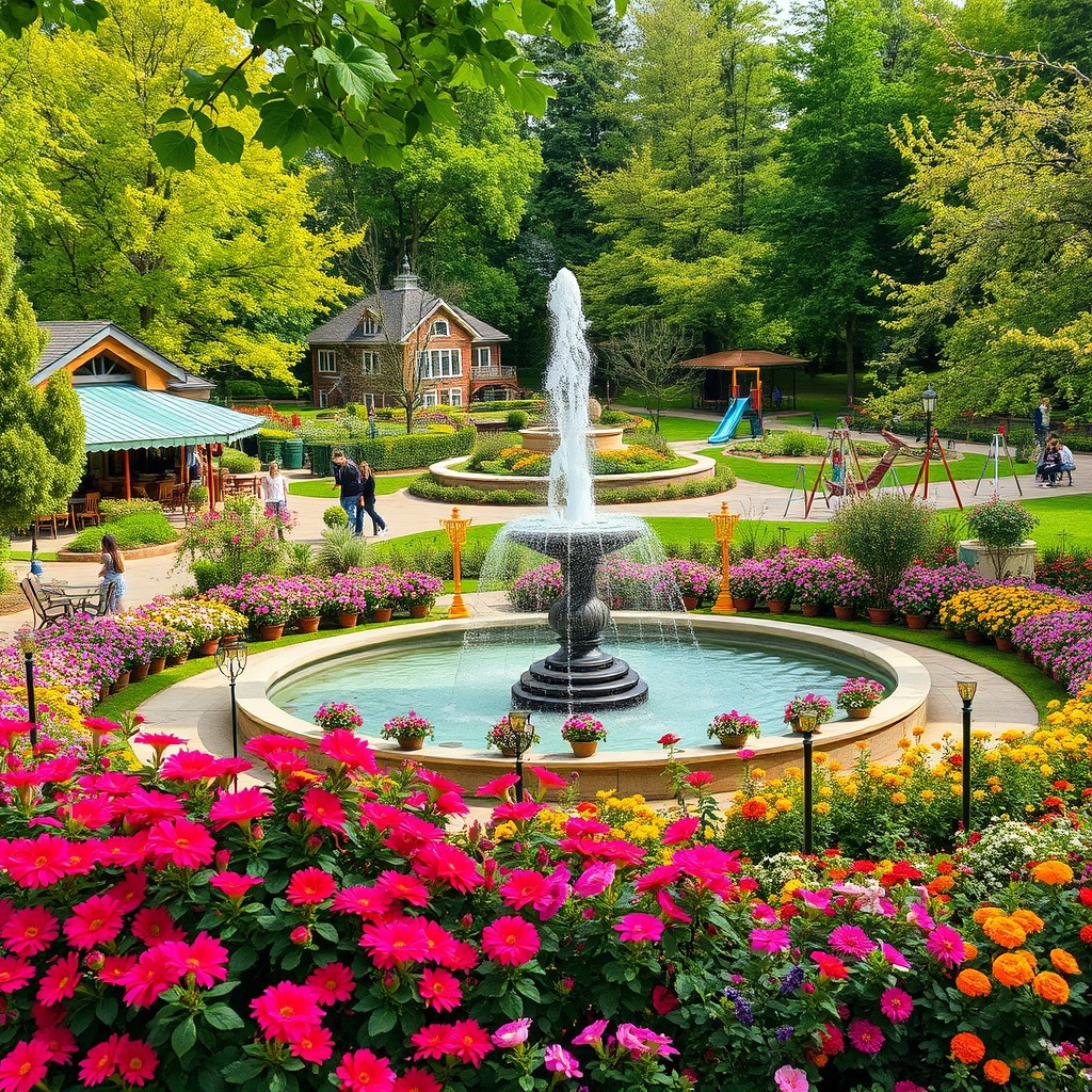 A vibrant park scene filled with a variety of trees, showcasing blooming flowers in vibrant colors all around