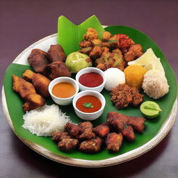 A well-presented platter of Indonesian traditional food, vibrant with rich colours and aromatic spices.