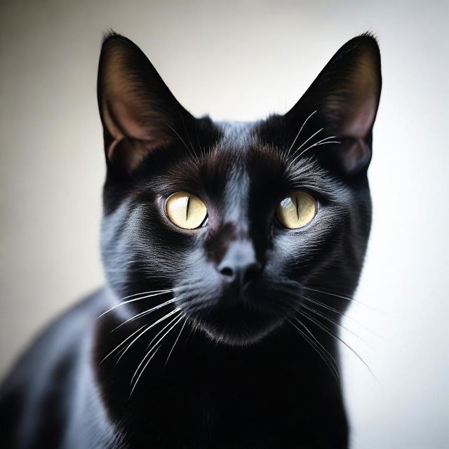 A professional-grade photograph featuring a black cat against a stark white background