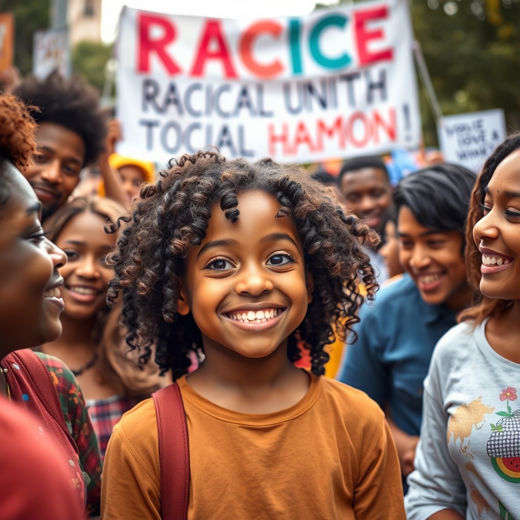 A powerful and uplifting image highlighting racial harmony, featuring a young Black girl with curly hair and warm brown eyes
