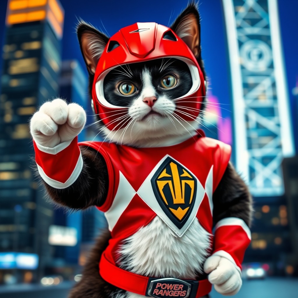 A playful scene featuring a black and white cat dressed as a Red Power Ranger