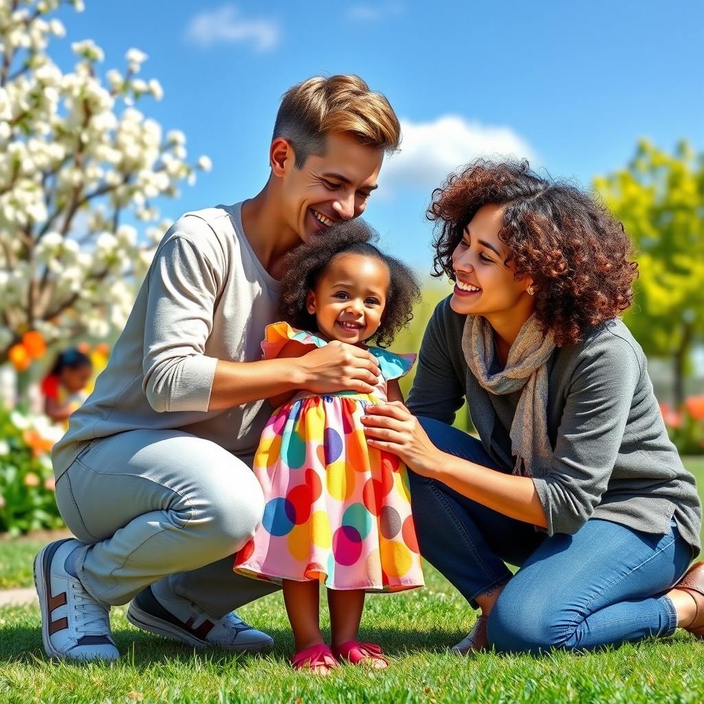 A heartwarming scene depicting a joyful moment of a 3-year-old black girl with curly hair and warm brown eyes being embraced by her new white family