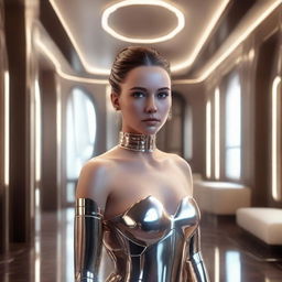 A photorealistic image of a beautiful woman with a clear face, positioned in a luxurious interior inspired by the 'Star Wars' futuristic aesthetic.