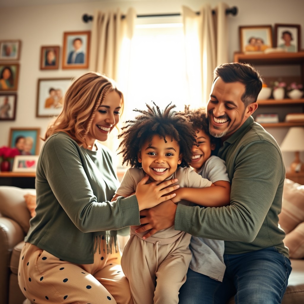 A heartwarming scene depicting a white family joyfully adopting a 3-year-old black child with curly hair