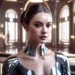 A photorealistic image of a beautiful woman with a clear face, positioned in a luxurious interior inspired by the 'Star Wars' futuristic aesthetic.