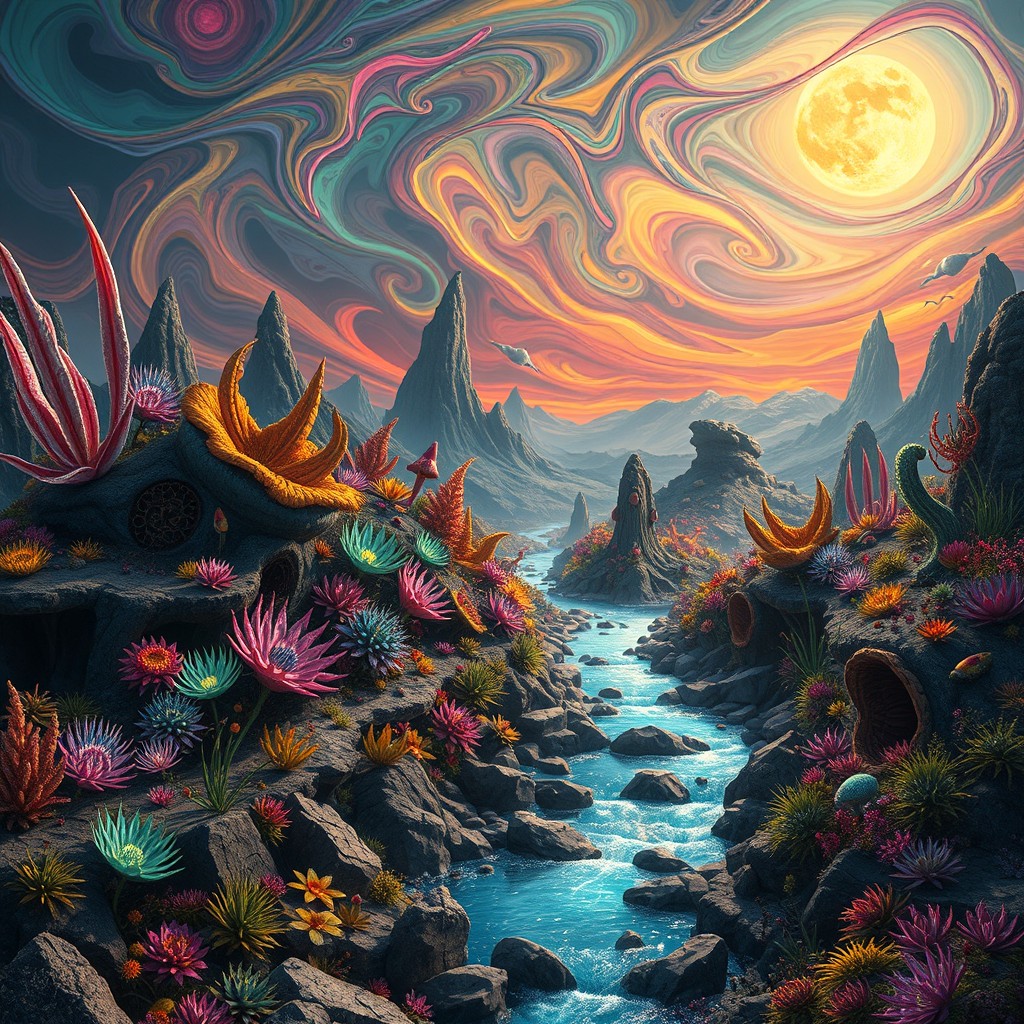 Explore an Enigmatic Alien Landscape with Luminescent Flora and Fauna