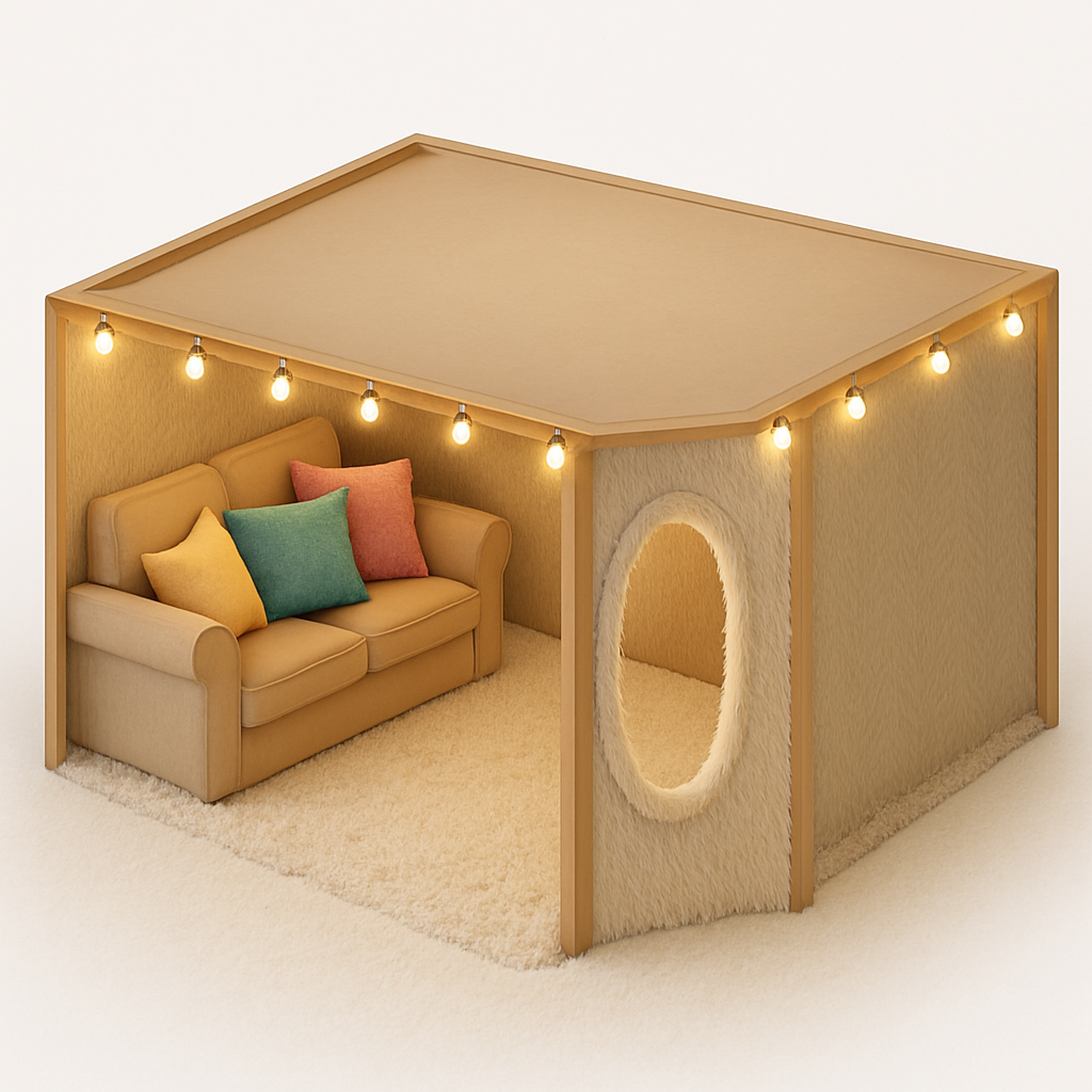 Decorate this structure. The ceiling is the same color as the walls, with a garland of light bulbs around the perimeter. There is a beige fluffy carpet on the floor. On the left, against the wall, there is a beige classic sofa with multi-colored fluffy pillows on it. There is textured wallpaper on the walls. The short wall with an oval cutout is decorated with beige soft, fluffy fabric.