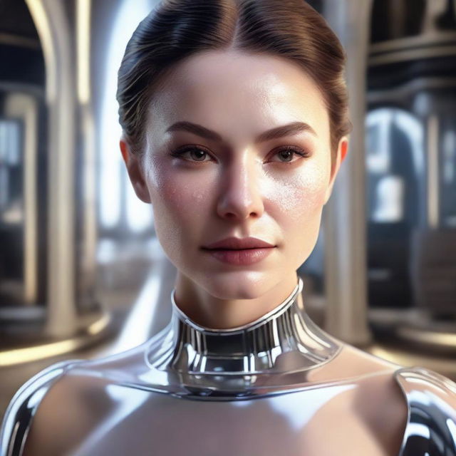 A photorealistic image of a beautiful woman with a clear face, positioned in a luxurious interior inspired by the 'Star Wars' futuristic aesthetic.