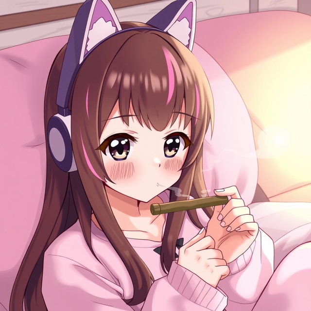 A cute anime girl with long brunette hair adorned with pink highlights, her hazel eyes sparkling with personality