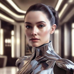 A photorealistic image of a beautiful woman with a clear face, positioned in a luxurious interior inspired by the 'Star Wars' futuristic aesthetic.