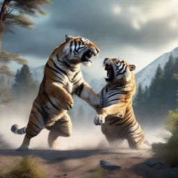 A 3D illustration of a fierce fight between a tiger and two wolves. Set the image in a dramatic natural environment, ensuring the vividness is emphasized. 4K resolution image.