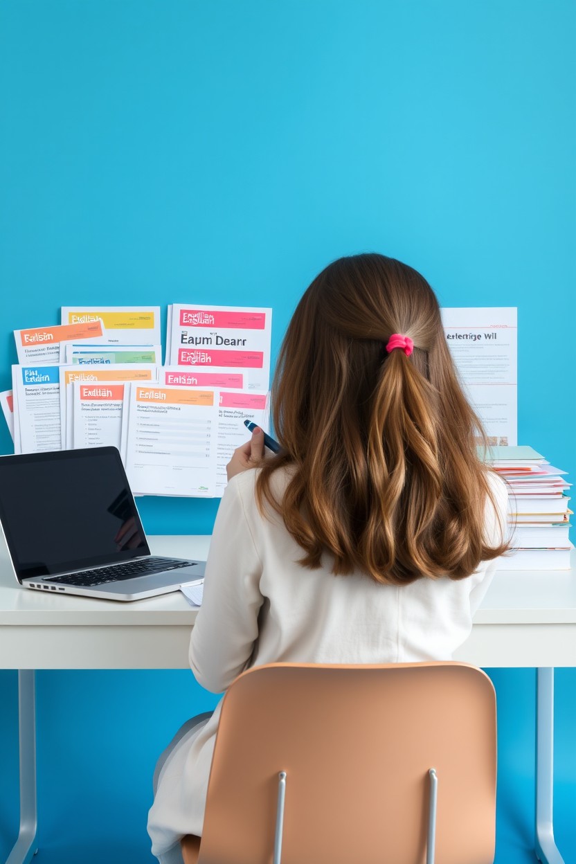 A blue background with a desk featuring a collection of English language exam materials prominently displayed