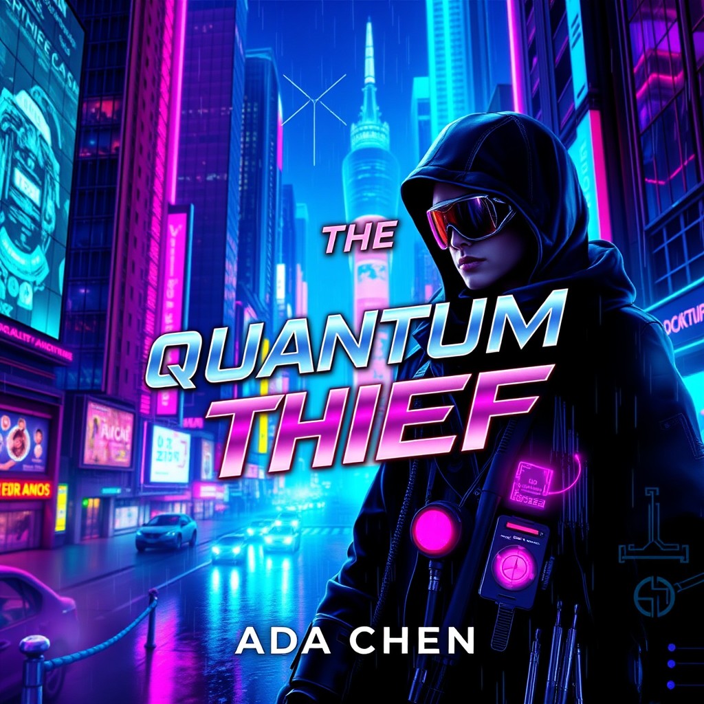 A captivating book cover design for 'The Quantum Thief' by Ada Chen, featuring a vibrant neon cityscape in a cyberpunk style