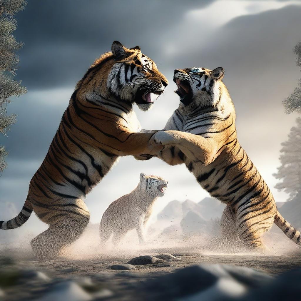 A 3D illustration of a fierce fight between a tiger and two wolves. Set the image in a dramatic natural environment, ensuring the vividness is emphasized. 4K resolution image.