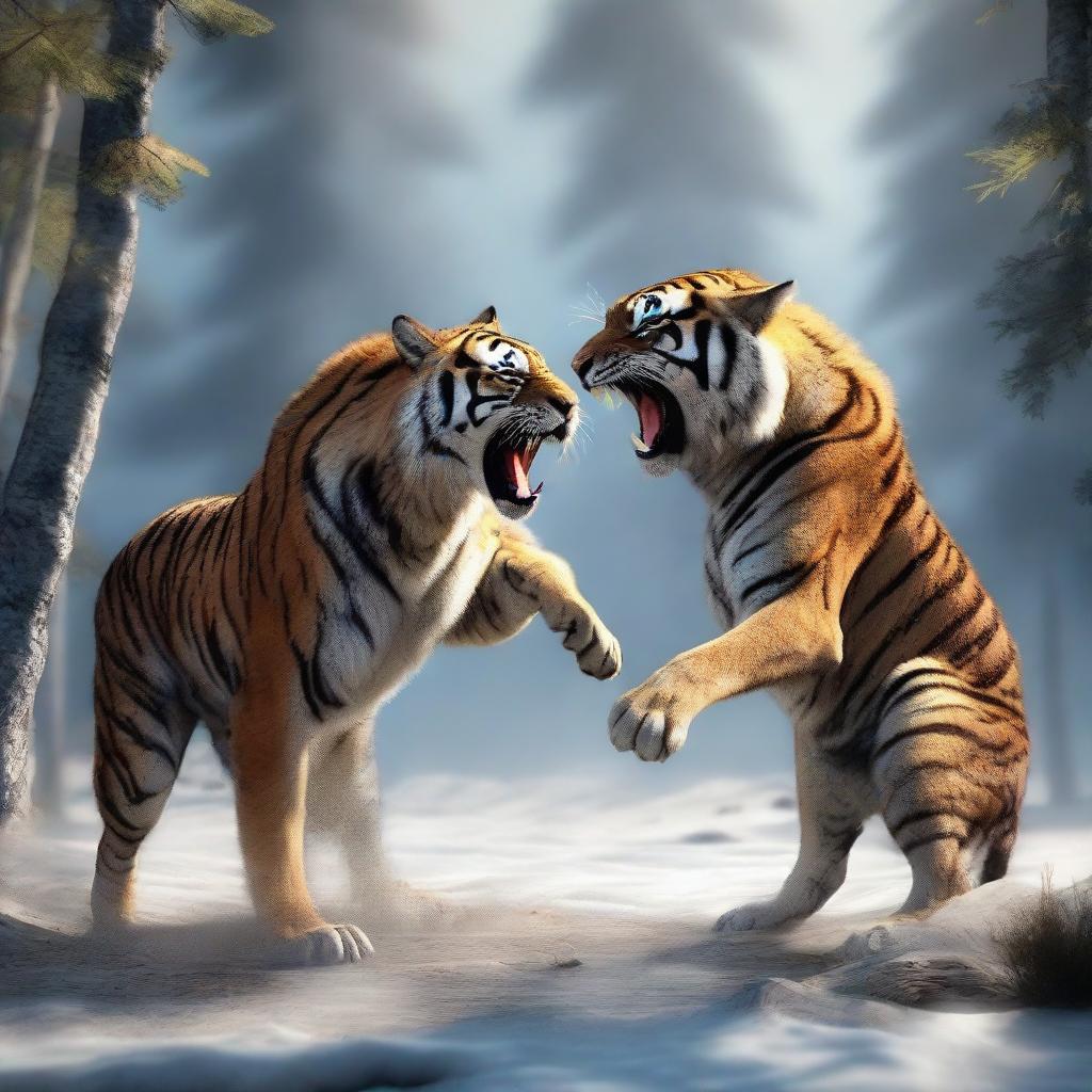 A 3D illustration of a fierce fight between a tiger and two wolves. Set the image in a dramatic natural environment, ensuring the vividness is emphasized. 4K resolution image.