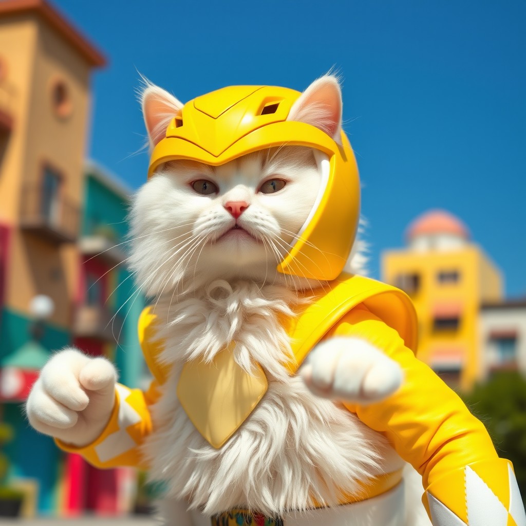 Heroic Fluffy Cat as Yellow Power Ranger | Whimsical AI Art