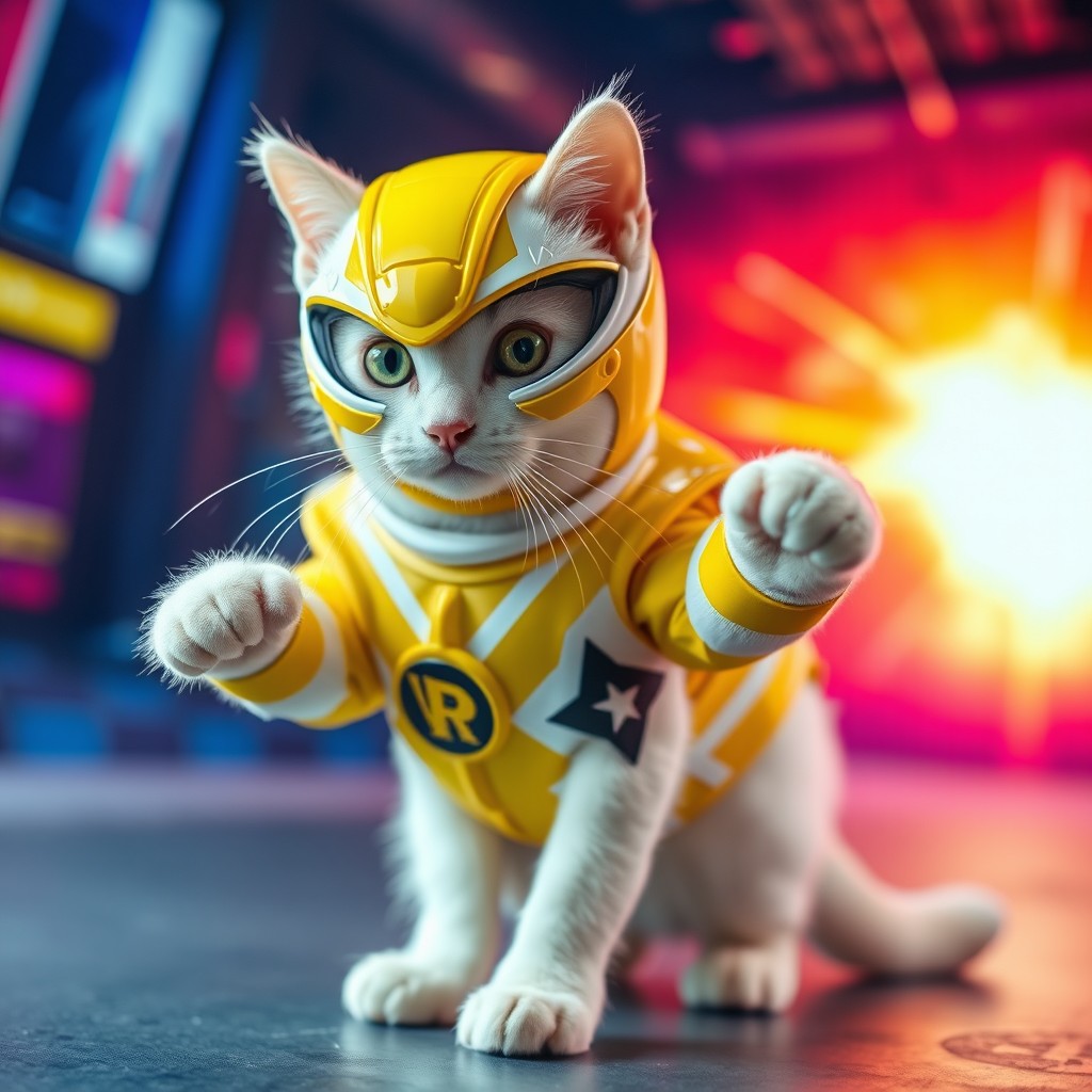 A white cat dressed as the Yellow Power Ranger, featuring a sleek and shiny costume with bold yellow stripes and the Power Ranger badge, standing in an action pose