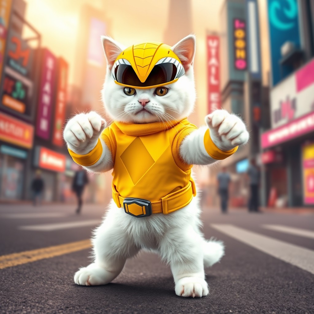 A cute and heroic white cat dressed as a Power Ranger, specifically the yellow ranger, complete with a vibrant yellow outfit featuring the iconic diamond pattern