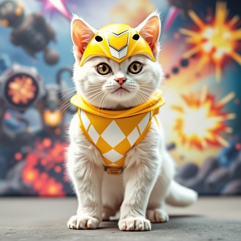 A cute and fierce white cat styled as a Yellow Power Ranger, standing confidently on all fours