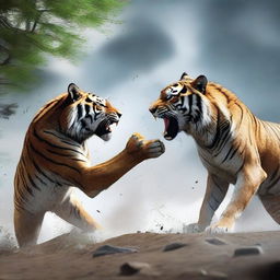 A 3D illustration of a fierce fight between a tiger and two wolves. Set the image in a dramatic natural environment, ensuring the vividness is emphasized. 4K resolution image.