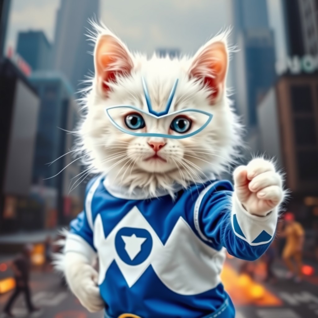 A playful white cat dressed as a Blue Power Ranger, striking a heroic pose with a confident expression