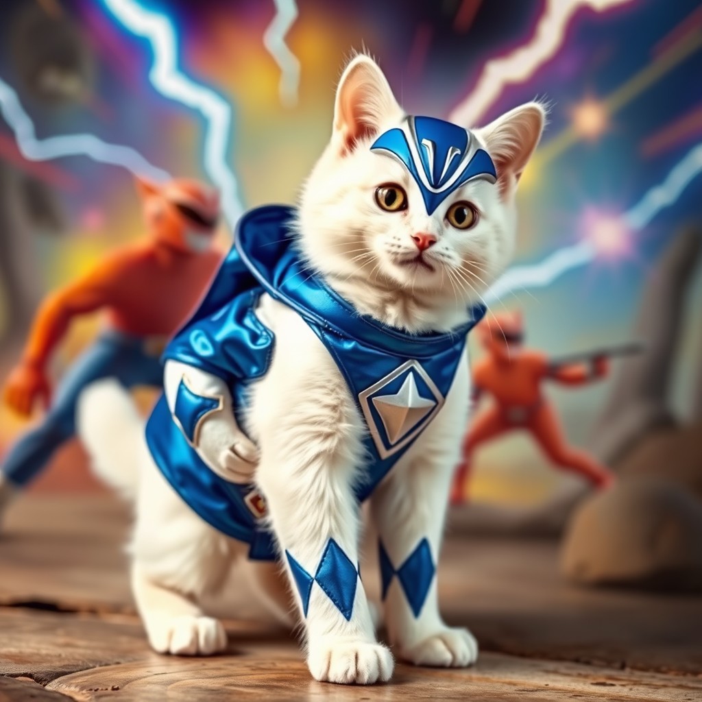 A charming white cat dressed as a Blue Power Ranger, featuring intricate details of the costume with the blue and silver color scheme