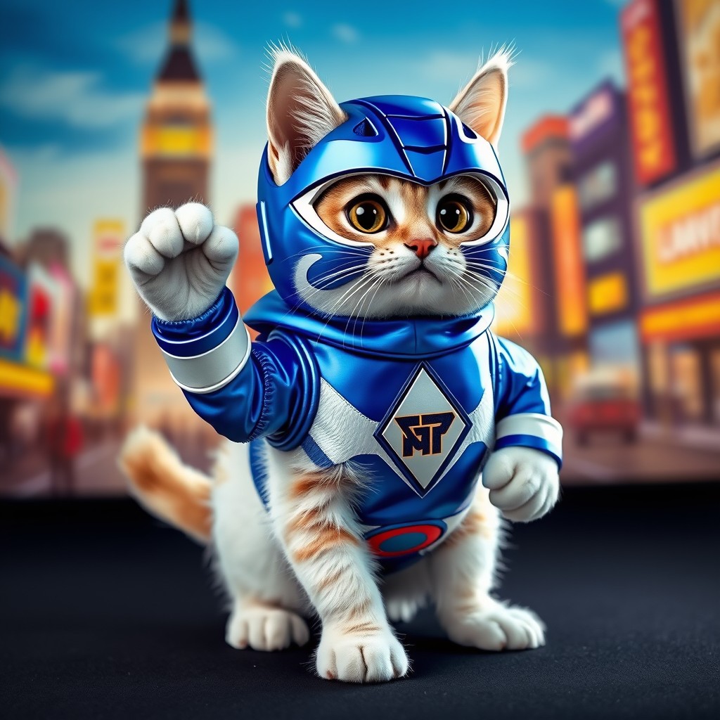 A blue Power Ranger cat with white fur, standing confidently on four paws