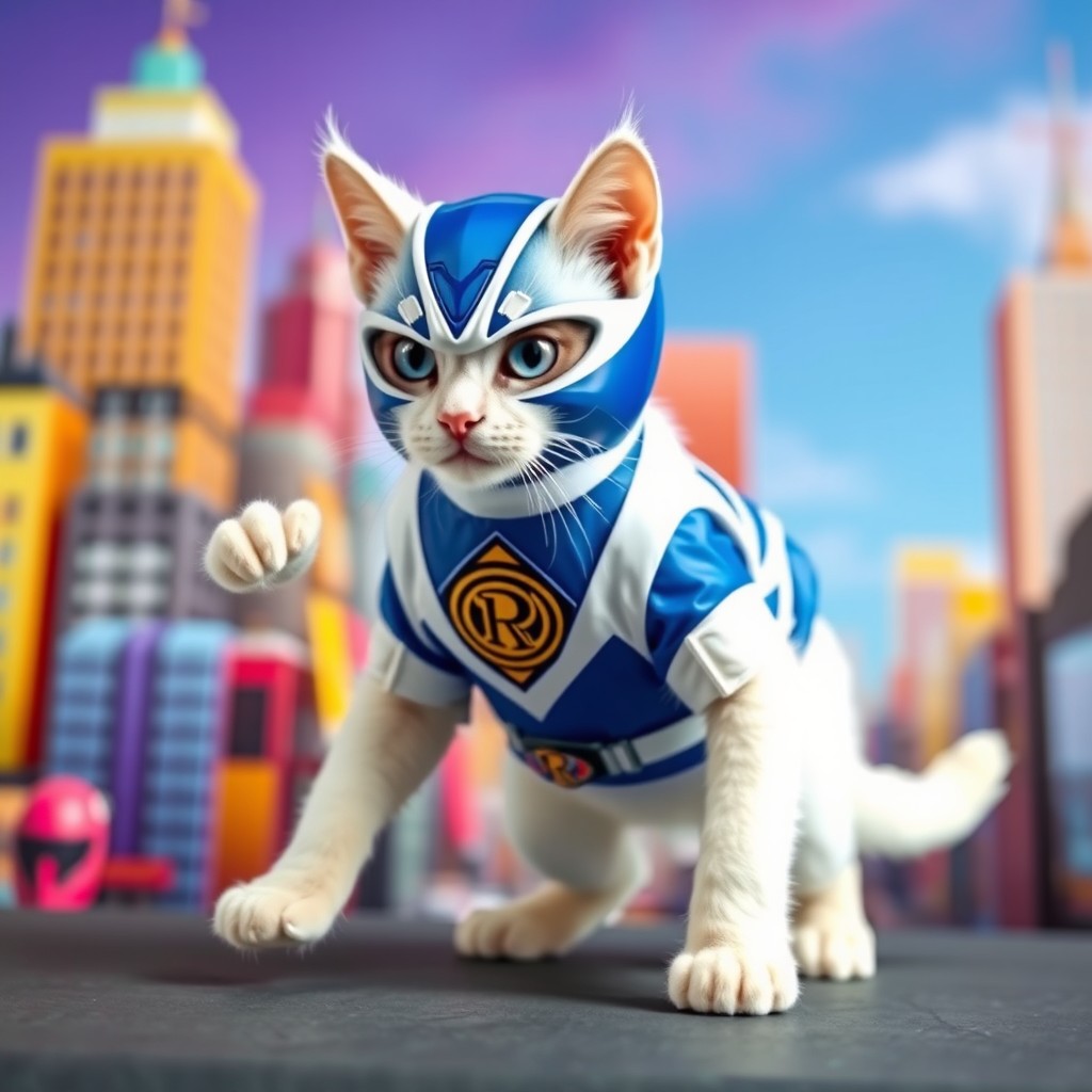 A white cat dressed as a Blue Power Ranger, with four legs and no arms