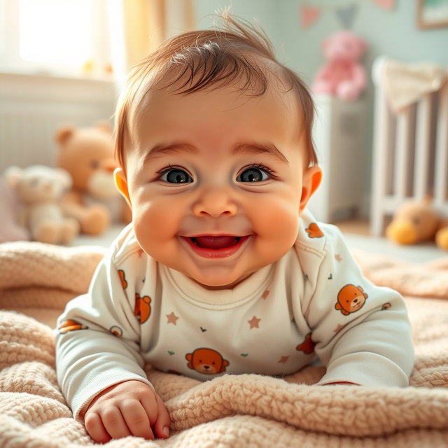 An adorable baby with big, bright eyes and chubby cheeks, smiling happily while lying on a soft blanket