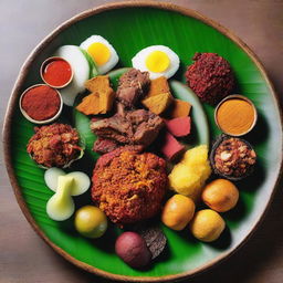 An enticing plate of traditional food from Jogjakarta, Indonesia featuring a blend of rich spices, vibrant colors and assorted textures.