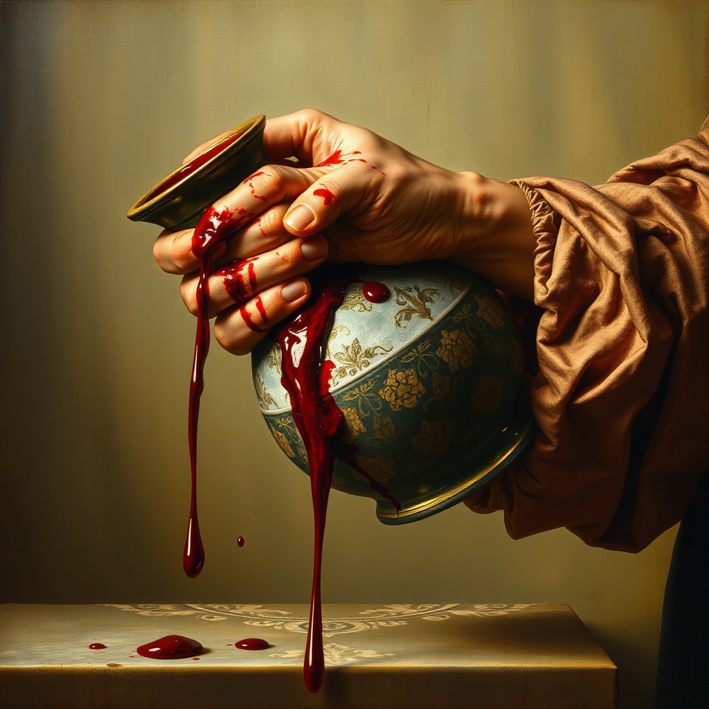 A beautifully detailed Renaissance-style painting featuring a bloody hand gripping a decorative jug