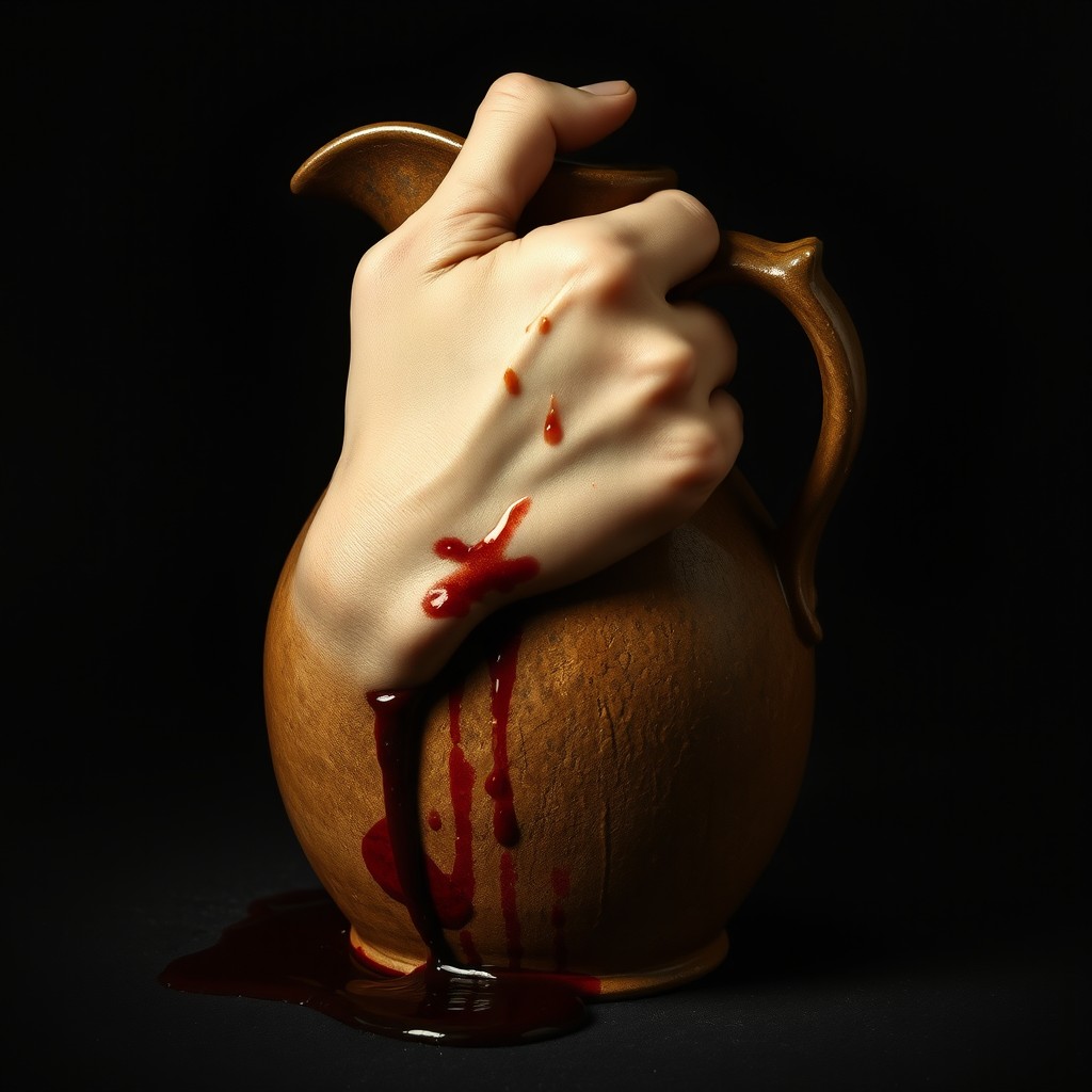 A Renaissance-style dramatic composition featuring a bloody hand gripping a rustic jug