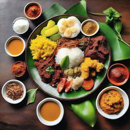 An enticing plate of traditional food from Jogjakarta, Indonesia featuring a blend of rich spices, vibrant colors and assorted textures.