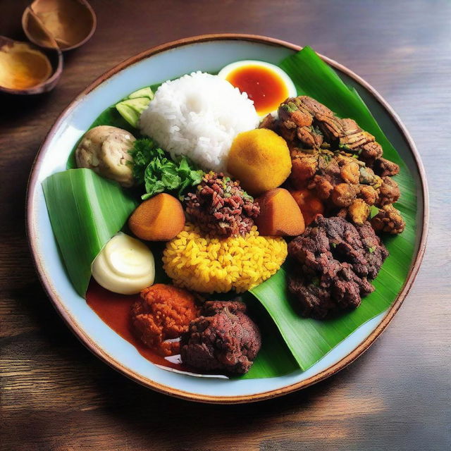 An enticing plate of traditional food from Jogjakarta, Indonesia featuring a blend of rich spices, vibrant colors and assorted textures.