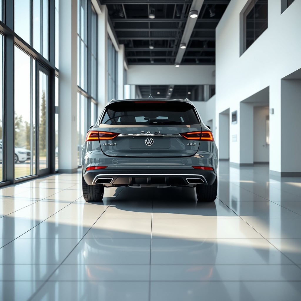 A photorealistic image of a generic car, viewed from the back, positioned inside a modern car dealership showroom