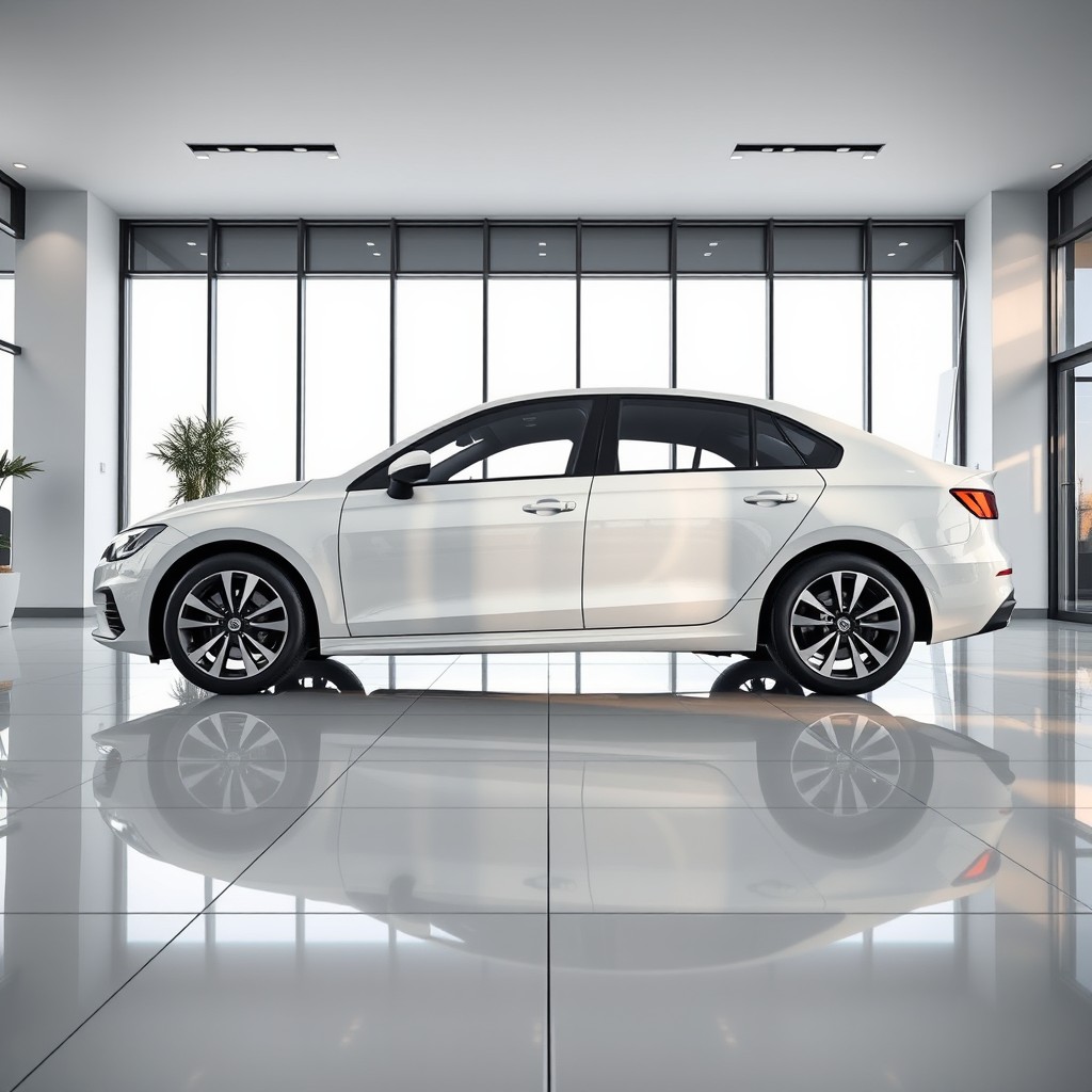 A photorealistic image of a generic car, viewed from the left side, positioned inside a modern car dealership showroom