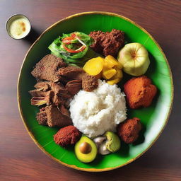 An enticing plate of traditional food from Jogjakarta, Indonesia featuring a blend of rich spices, vibrant colors and assorted textures.