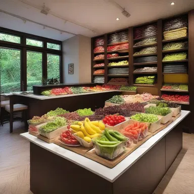 The restaurant's interior design featured a beautiful display of fresh produce, creating an appetising ambiance.